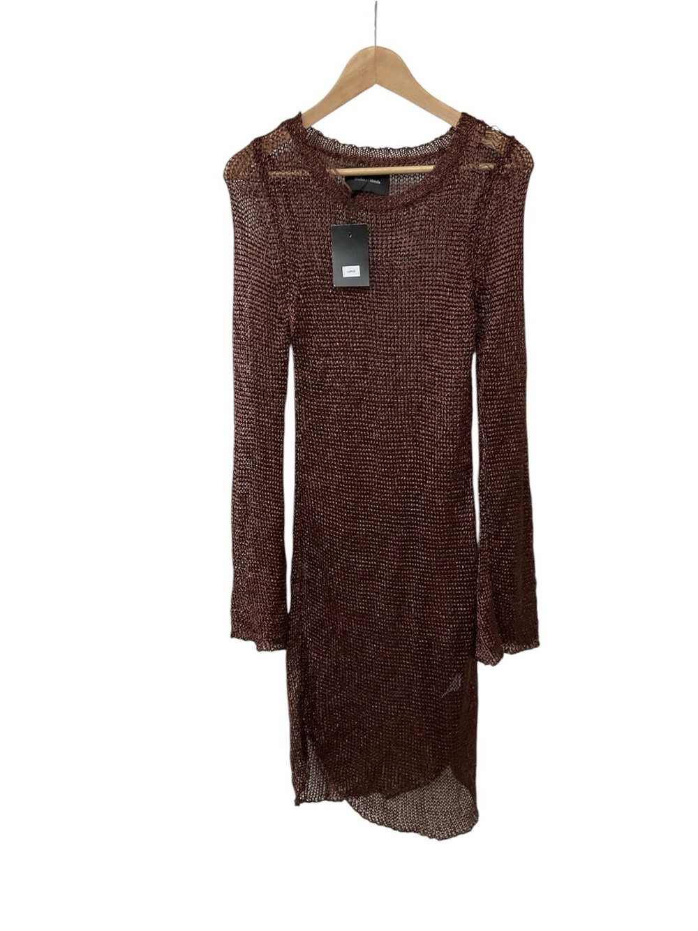 Shades Of Blonde Brown Open Knit Sweater Mini Dress L NWT